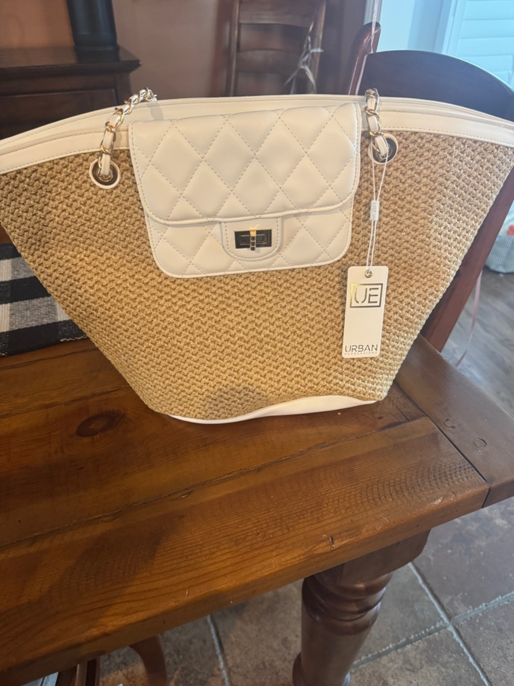 NWT:  Urban Expressions Natural Straw Tote with White Quilted Flap